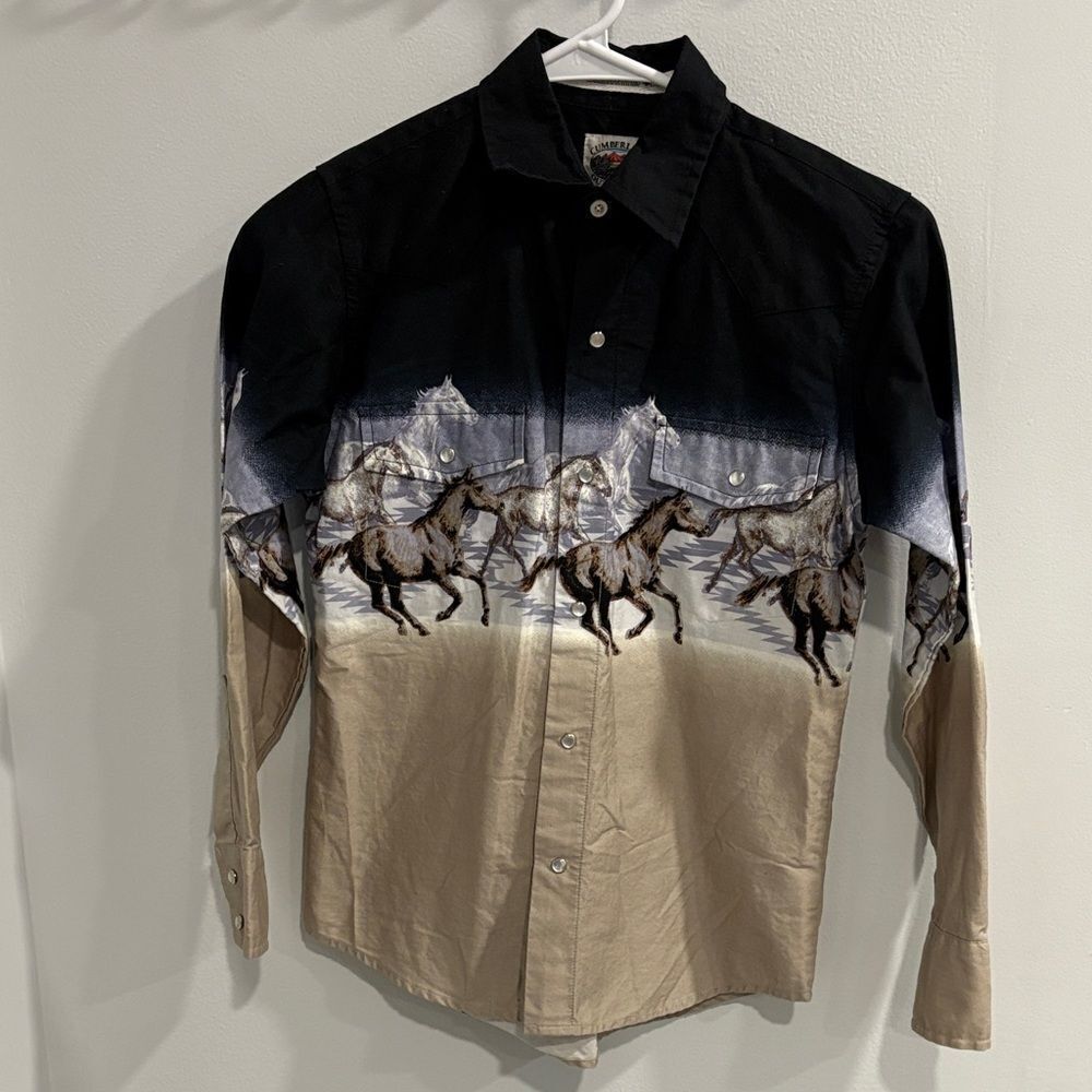 Kids Western Equestrian Snap Button Down Shirt - Black and Tan